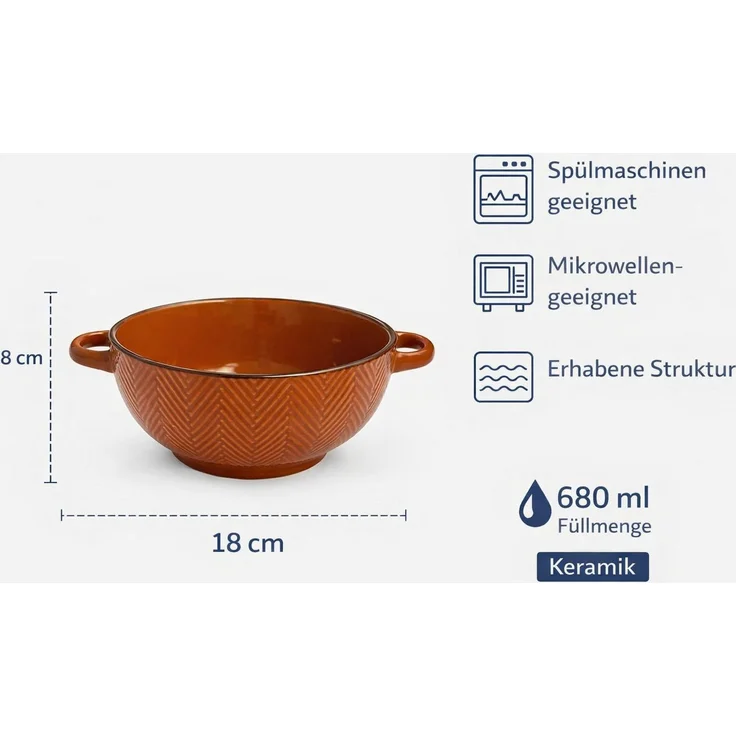 WestCraft Suppenschale Landhaus Suppenschüssel mit Griff Schüssel für heisse Suppen 680 ml, Keramik, (1-tlg), auch für Nudeln, Reis, Desserts, Salate, Suppen, Haferflocken Porridge – Bild 4