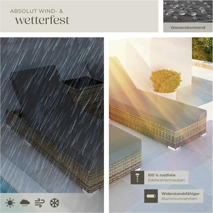 tectake 2er Lounge Sonnenliegen Set Plus Tisch – inkl. 2 Bezugsets und Schutzhülle, Outdoor Poly Rattan Gartenmöbel Set, 2X Gartenliege wetterfest - Natur – Bild 7