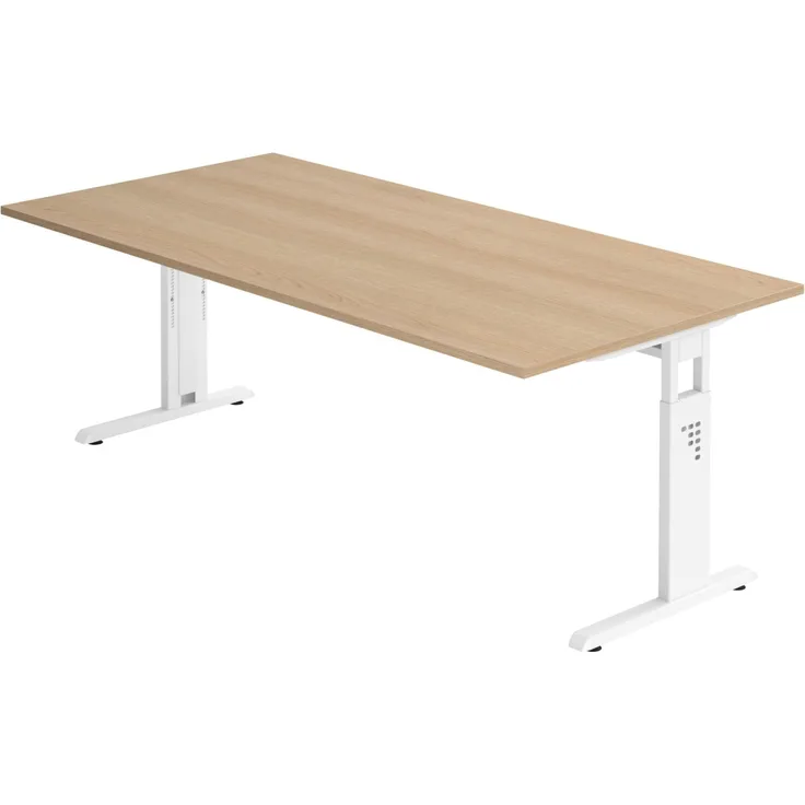 bümö höhenverstellbarer Schreibtisch O-Serie 200x100 cm in Eiche, Gestell in weiß - großer PC Tisch für's Büro manuell höhenverstellbar, Computertisch verstellbar, OS-2E-E-W