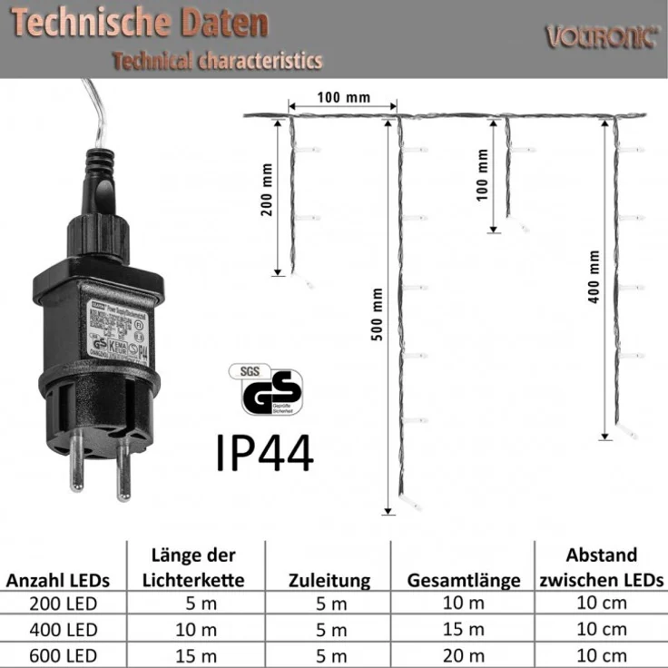 VOLTRONIC Eisregen Lichterkette, innen und außen, IP44, Größen- und Farbwahl, 200 LEDs, kaltweiß – Bild 3