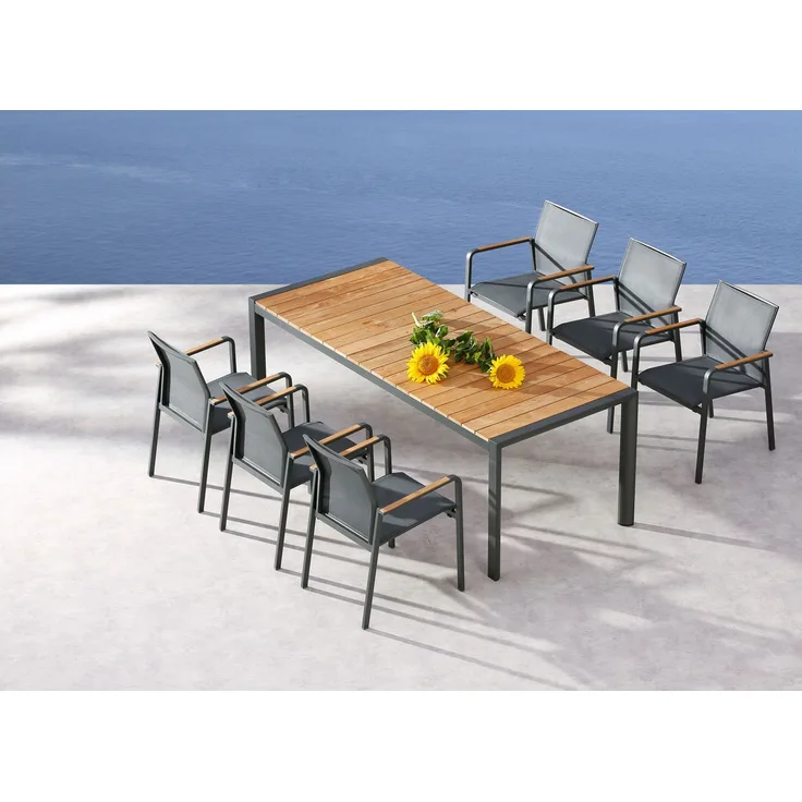 Best Freizeitmöbel Sitzgruppe Paros 7-teilig Tisch + 6 Stapelsessel 210 x 90 cm anthrazit/Teak