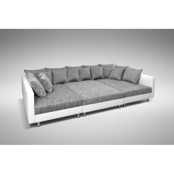 Wohnlandschaft Sofa Couch Ecksofa Eckcouch + Hocker weiß / hellgrau Minsk XXL
