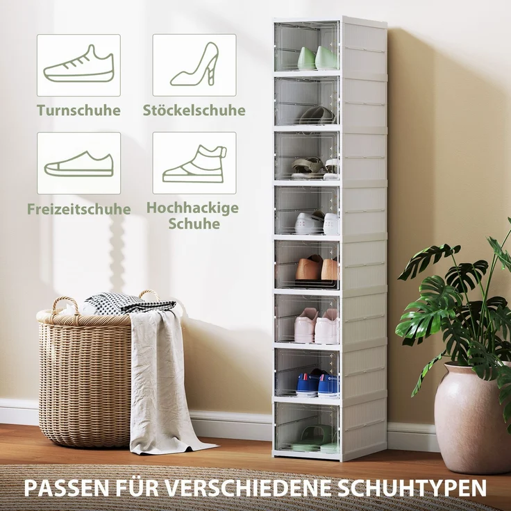 8-stufiges Schuhregal, Schuhschrank, faltbar, belüftete Rückseite, Kunststoff, Weiß--Weiß--140x26x35cm--YOUDENOVA – Bild 8