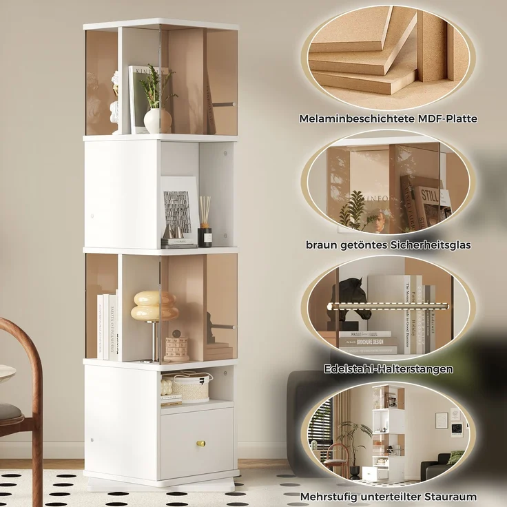 50*50*160cm, drehbare Vitrine, braunes gehärtetes Glas, MDF-Melaminplatte, Drehteller, MDF-Melaminplatte, Schubladenschienen, goldene Griffe, weiß + braun.--Braun + Weiß--50x50x160cm--YOUDENOVA – Bild 10