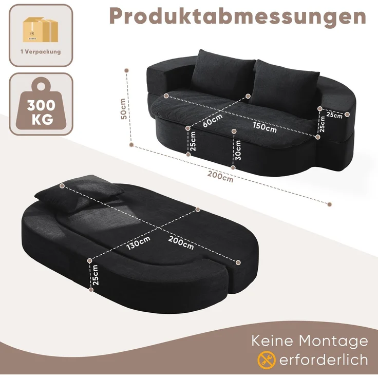 Schlafsofa 3-in-1, faltbar mit Memoryschaum, 200x130x60 cm, Schwarz – Bild 6