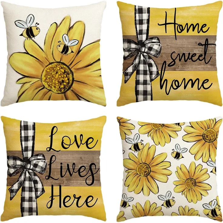 Kissenbezüge 45×45 cm 4er-Set Bee & Sonnenblume, Home Sweet Home, Frühling/Sommer Sofa-Deko