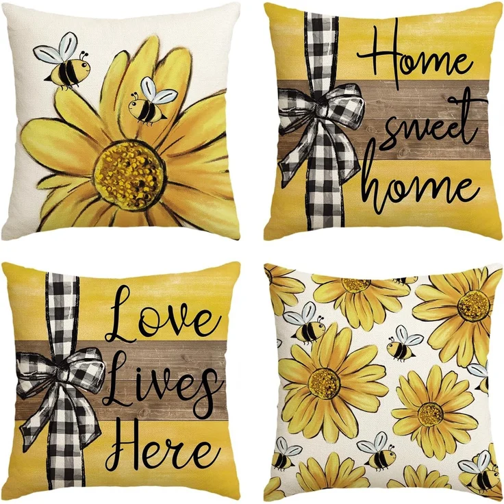 Kissenbezüge 45×45 cm 4er-Set Bee & Sonnenblume, Home Sweet Home, Frühling/Sommer Sofa-Deko – Bild 1