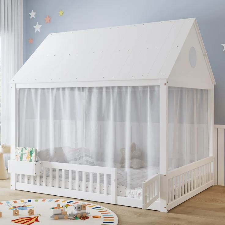Hausbett mit Lattenrost, Bettvorhang, Zaun, Dach, Tür und Aufbewahrungsbox, 140x200 cm, Kinderbett mit Rausfallschutz, Massivholzbett, Kiefer – Bild 2