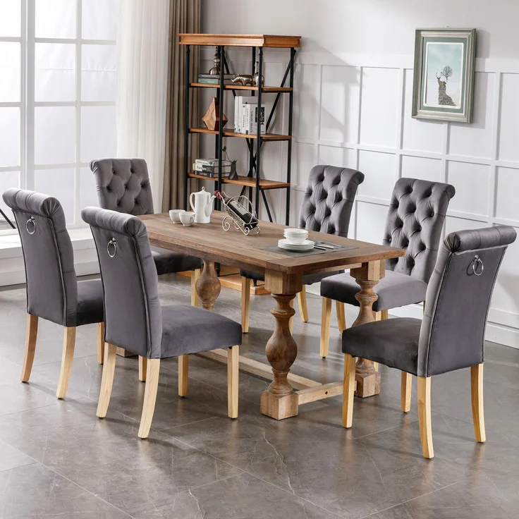 Esszimmerstuhl 6er-Set, Samt mit Eichenbeinen & Knopfheftung, 100 x 63 x 43, Grau – Bild 1