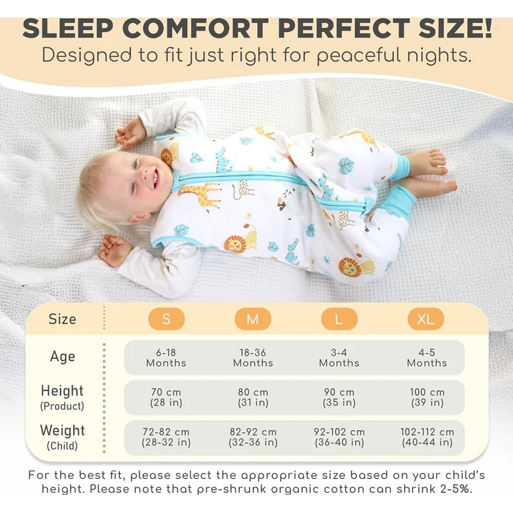 Mama Cheetah Toddler Schlafsack mit Füßen 2T, 2,5 TOG Bio-Baumwolle Baby Schlafsack mit Beinen, Baby Wearable Decken für Walker w / 2-Wege-Reißverschluss, Baby Schlafsack für Mädchen Jungen, Medium – Bild 7