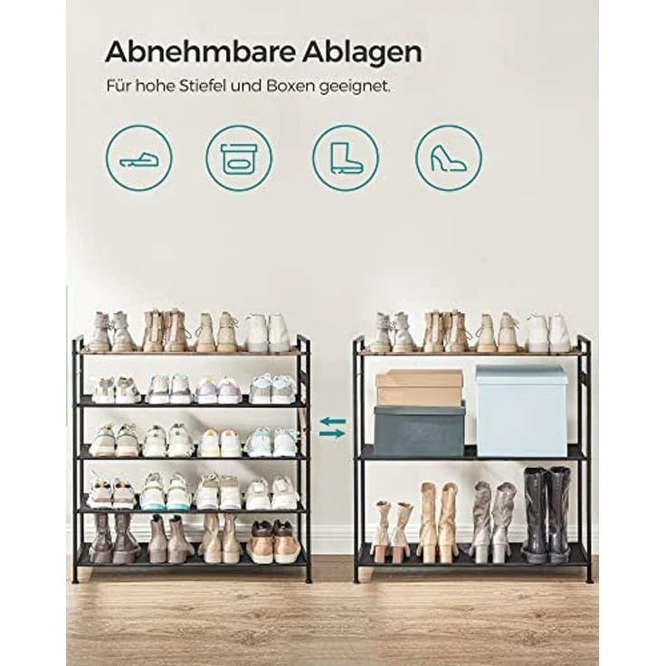 Songmics Schuhregal 5 Ebenen, Schuhablagen Metall, Ablagen aus Oxford, für 20-25 Paar Schuhe, 29 x 89 x 92,5 cm, 4 Haken, offener Schuhschrank für Flur, Schlafzimmer, vintagebraun-schwarz LMR035B01 – Bild 4
