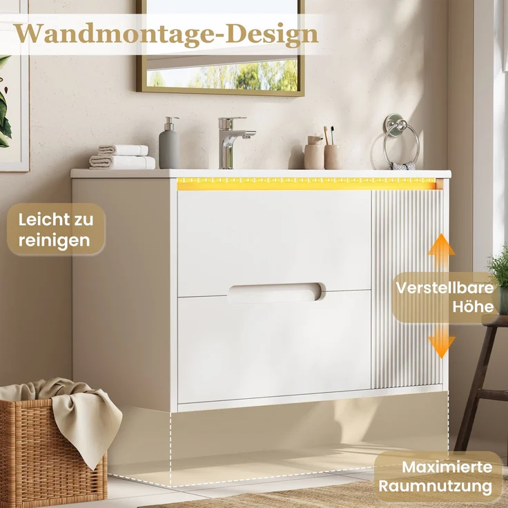 Waschbeckenunterschrank mit Keramikbecken, 81 x 47 x 51 cm, MDF, wandmontiert, mit LED-Beleuchtung – Bild 6
