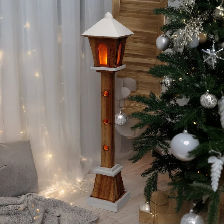 Spetebo LED Dekofigur Holz Laterne mit 23 LED in warm weiß 75 cm, 1 Stück, LED fest integriert, warm weiß, Batteriefach versteckt im Standfuß – Bild 3