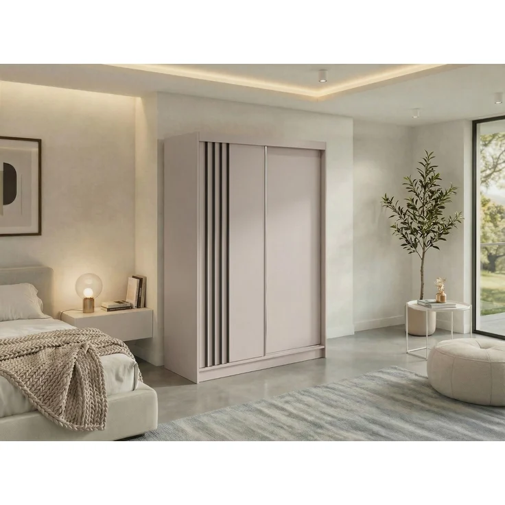 Schwebetürenschrank NAURU mit Lamellen-Optik, moderner Kleiderschrank, Breite 150 cm, inkl. Innenausstattung & Stauraum, Akustikpaneel-Design - Kaschmir und Schwarz – Bild 1