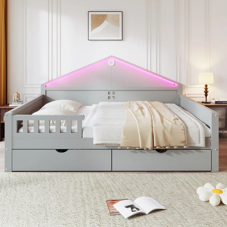 Einzelbett 140x200 cm mit LED und 2 Schubladen – Grau, Ohne Matratze – Bild 2