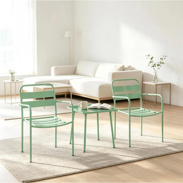 Garten-Bistro-Set mit Tisch 50x50x50 cm und 2 Armlehnenstühlen – Grün, Glasplatte – Bild 1