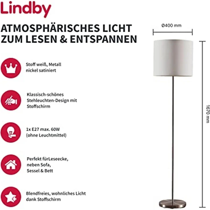 Lindby Stehlampe Parsa, Weiß IP20, 1 x 15 W LED – Bild 2