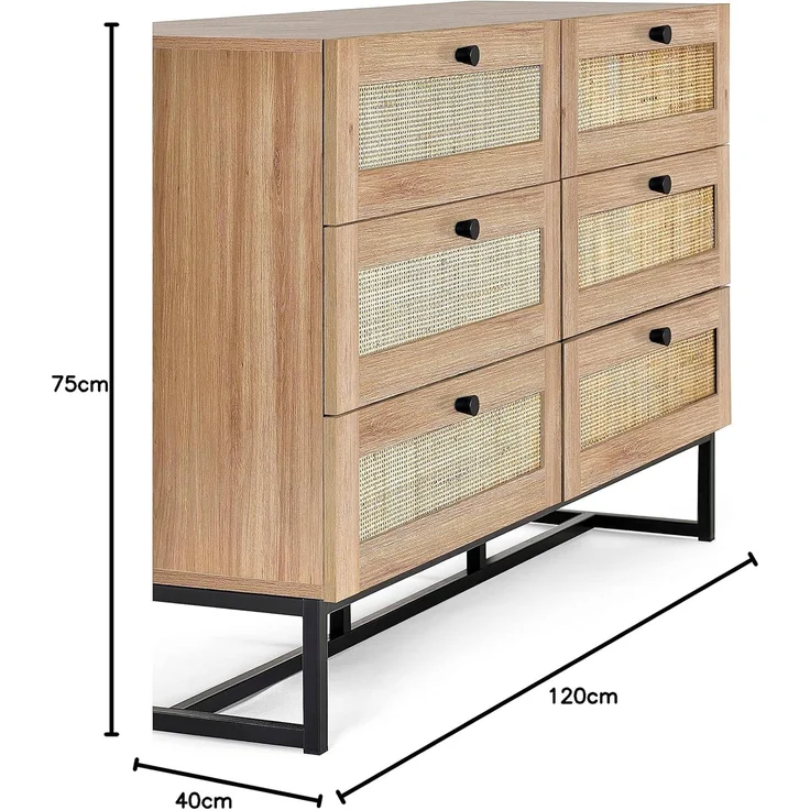 Julian Bowen Padstow Kommode mit 6 Schubladen, Eiche, Melamin mit Rattanfront und Metallsockel, Oak, 6 drawer – Bild 5