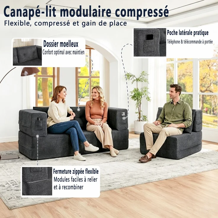 ZUBALIYA SchlafSofa mit breiten Armlehnen, modular aufgebaut, ohne aufwendige Montage, für Wohnzimmer und Apartments, Dunkelgrau – Bild 13
