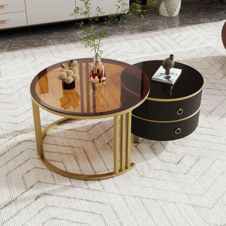 Couchtisch 2-teilig Set mit brauner Glasplatte Hochglanz, Schubladen, Gold Metallbeine,Gold und Schwarz – Bild 2