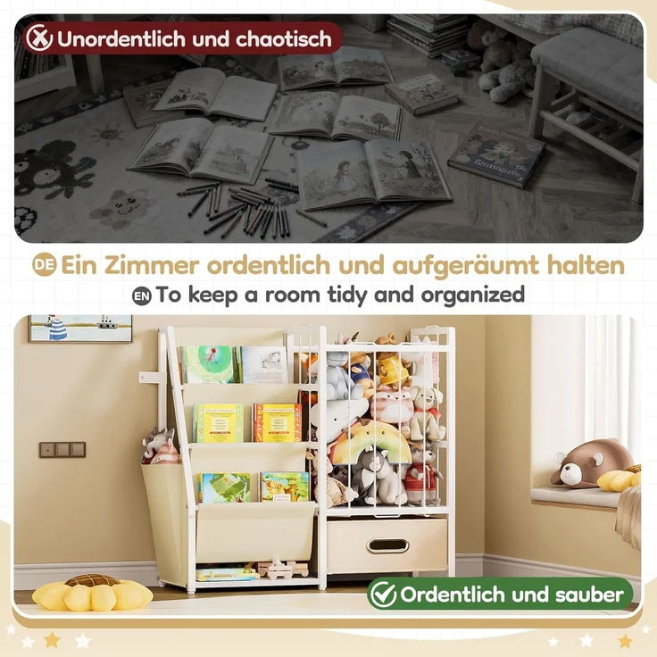 Yorbay Spielzeugtruhe 2 in 1 Bücherregal Kinderregal, Kinderzimmerregal mit Aufbewahrungsbox & Taschen, 84x30x76cm – Bild 7