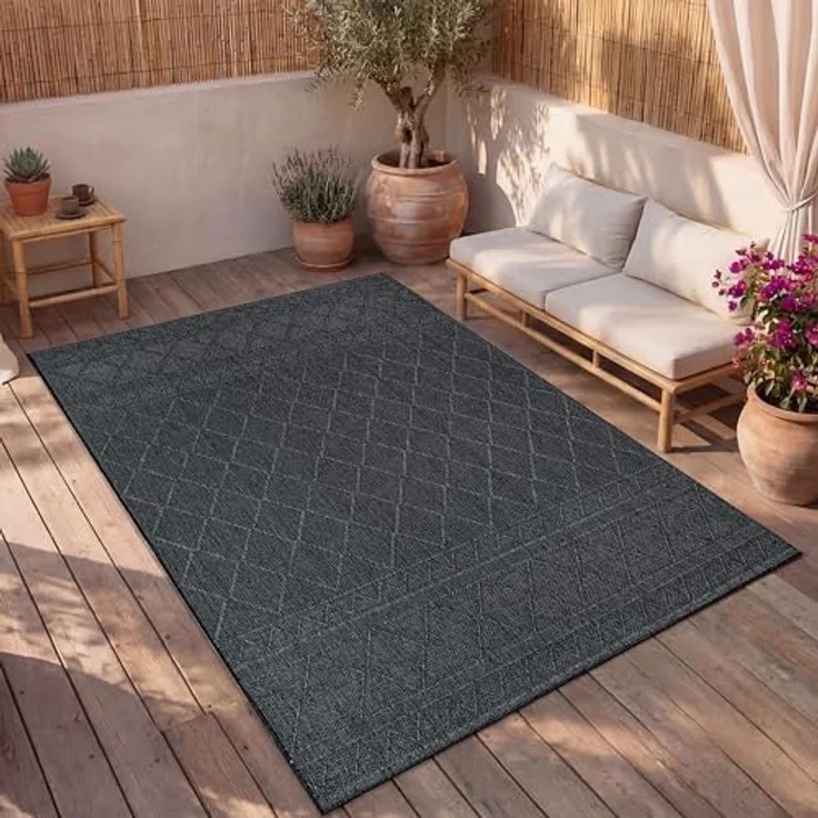 Paco Home In-& Outdoor Teppich Balkon Terrasse Küchenteppich Modernes Boho Ethno Muster, Grösse:80x250 cm, Farbe:Anthrazit 2 – Bild 3