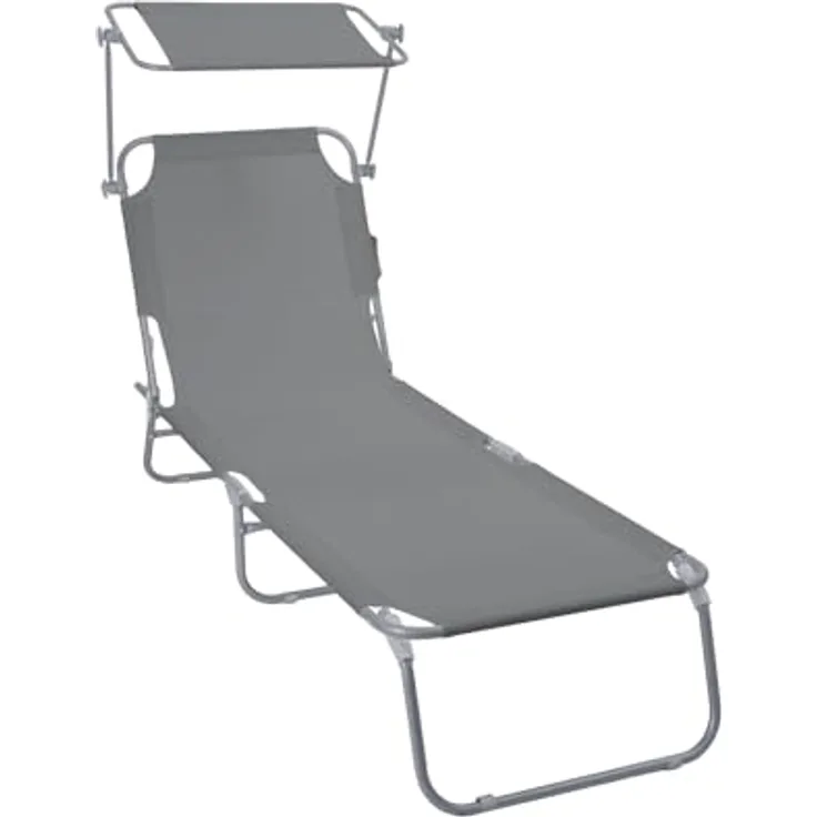 VOUNOT® Sonnenliege Klappbar, Gartenliege mit Dach und 4-Fach Verstellbarer Rückenlehne, Leichte Strandliege für Garten, Terrasse, Camping, Pool & Strand, Grau