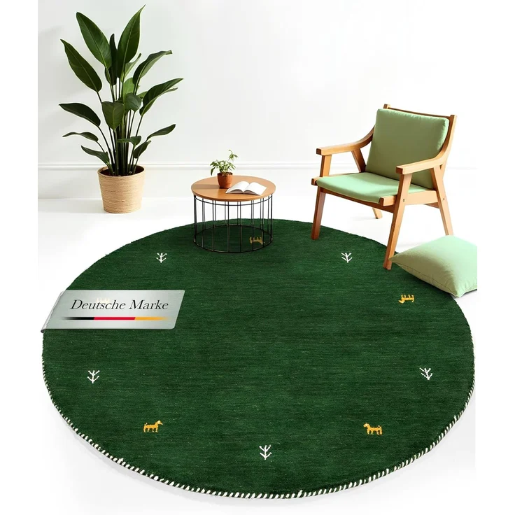 carpetfine 'Gabbeh Uni' Wollteppich, reine Wolle, Grün, Ø 120 cm – Bild 1