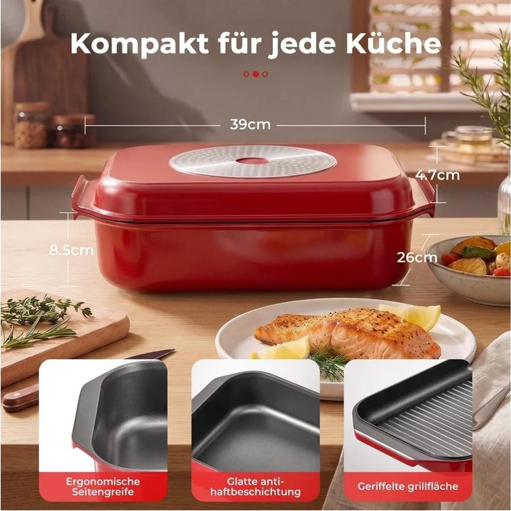 FOHERE Bräter Aluguss 2in1, 8,9L (5,97+2,93), Karree Rechteckbräter 39x26 cm, (2-tlg), Aluminiumguss – Bild 2
