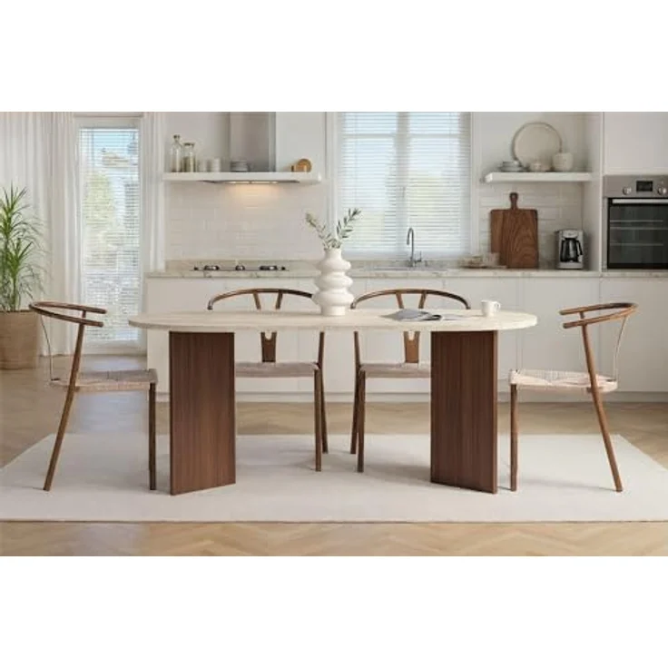 Modern Dining Table, 180 x 90 x 75 cm, Travertine & Walnut Colors | 100% Melamine Coated Particle Board, 25 mm Thickness | Stylish & Durable Design, Perfect for Contemporary Dining Spaces – Bild 5