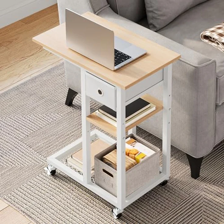 YITAHOME 2PCS Beistelltisch, C-Form Sofatisch mit Rollen und Schublade，Wohnzimmertisch für Kaffee und Laptop，für Wohnzimmer, Schlafzimmer，50 x 30 x 67 cm, Eiche – Bild 3