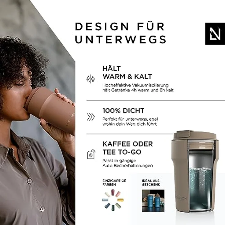 LARS NYSØM Thermo Kaffeebecher to go 380ml | Travel Mug 0,38 Liter mit Isolierung | Auslaufsicherer Edelstahl Thermobecher für Kaffee und Tee unterwegs | Teebecher (Taupe Brown, 380ml) – Bild 2