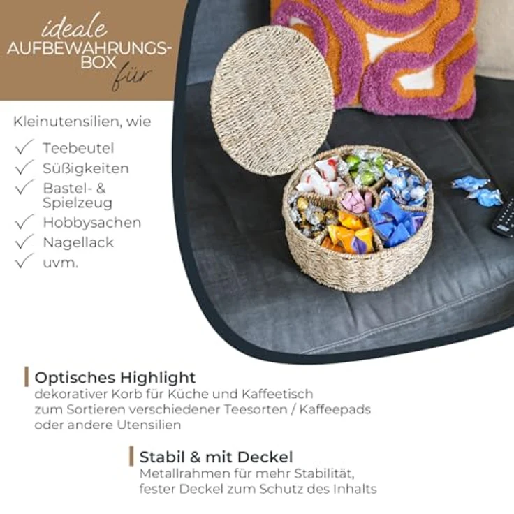 HMF Teebox Teebox für Teebeutel geflochten aus Seegras, Seegras, Tee Aufbewahrungsbox mit 7 großen Fächern, 27 x 27 x 11 cm – Bild 4
