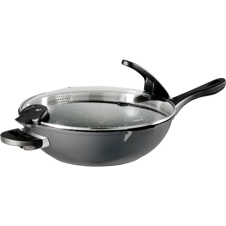 STONELINE Wok, Aluminium (Set, 2-tlg, 1 Wok, 1 Sieb-Glasdeckel, 1 langer Griff, 2 kurze Griffe), mit echten Steinpartikeln, induktionsgeeignet, Designed in Germany