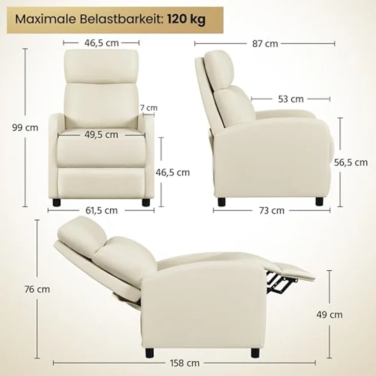 Yaheetech Relaxsessel Fernsehsessel Einzelsofa Ruhesessel mit Verstellbarer Beinablage Liegesessel aus Kunstleder Beige – Bild 4