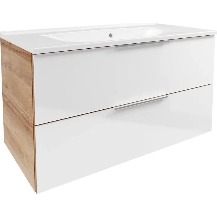 FACKELMANN B.BRILLANT Waschbecken mit Unterschrank 100 cm breit, Weiß Glas/Braun hell, Waschbecken Gussmarmor Weiß