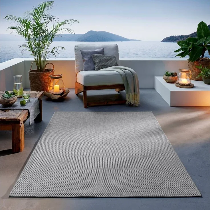 TaCa Home Teppich Outdoor & Indoor Teppich, rechteckig, Höhe: 7 mm, Terrasse Balkon Garten Wohnzimmer Bad Küche, Grau - 80 x 150 cm