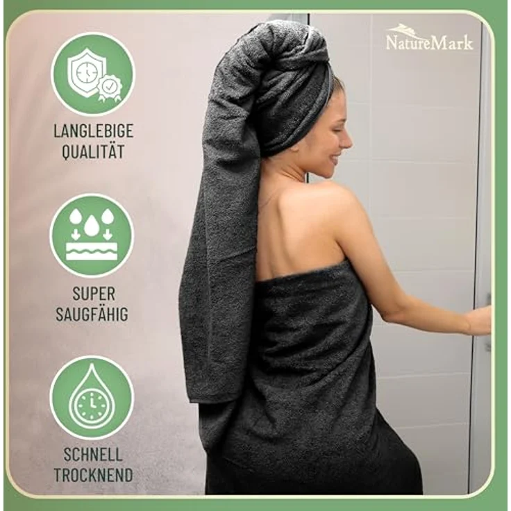 Green Mark Handtuch-Set mit 10 Teilen – 100% Baumwolle – 4 Handtücher 50×100 cm, 2 große Duschtücher 70×140 cm, 2 Gästetücher 30×50 cm und 2 Waschhandschuhe – Schwarz – Bild 5
