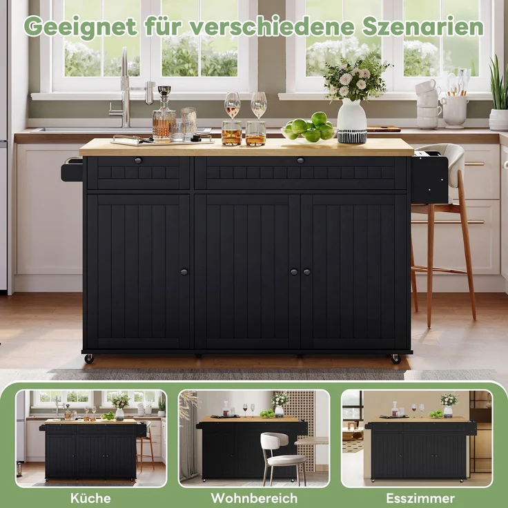 Merax Kücheninsel mit klappbarer Arbeitsplatte, Küchenschrank auf 6 feststellbaren Rollen, mit Ablage, Türregal, 2 großen Schubladen und Schrank, Schwarz, 137 x 89,5 x 45 cm – Bild 3