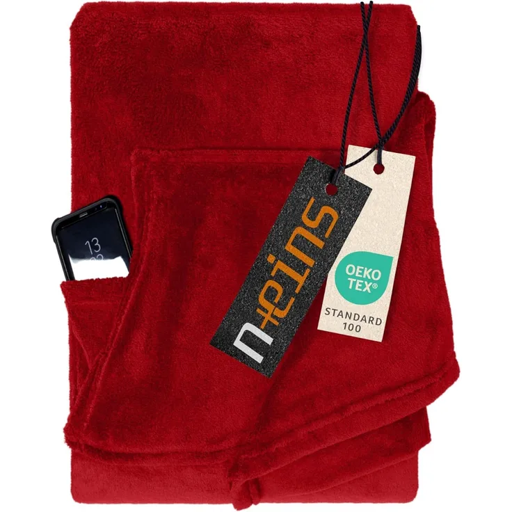 npluseins Coral Fleece Kuscheldecke – das Original mit Ärmel & Bauchtasche 1448. 2043, Bordeaux