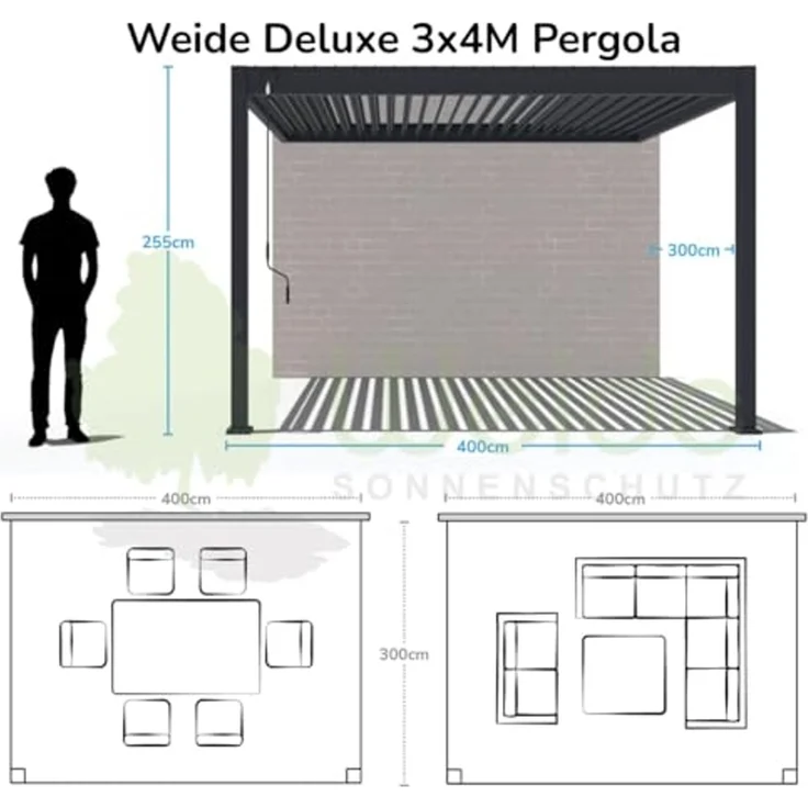 Weide Deluxe Wand-Pavillon | Voll-Alu-Pavillon | 3x4 M | Lamellendach anthrazit | Wall Pergola – Bild 4