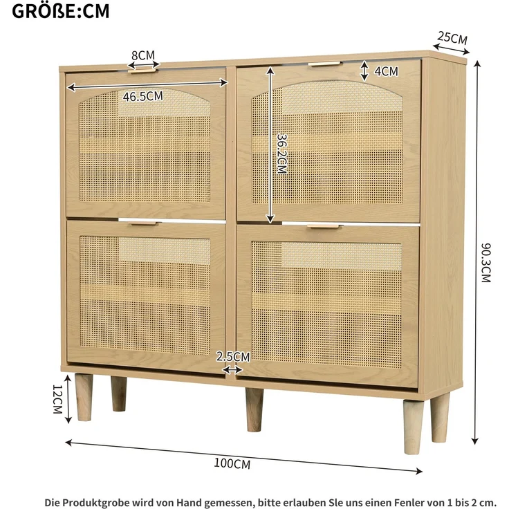 Merax Schuhschrank, Schuhkommode, mit 4 Klappschubladen, Schuhkommode aus Rattan mit Metallgriffen, Schuhregal, Oak – Bild 4