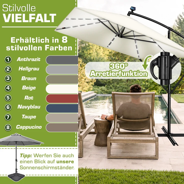tillvex® Alu Sonnenschirm Rechteckig Ø 330 cm mit LED Solar Beige + Abdeckung mit Kurbel | Ampelschirm mit Ständer & Windschutz | Gartenschirm UV-Schutz, wasserdicht, 360° drehbar | Kurbelschirm Marktschirm – Bild 10