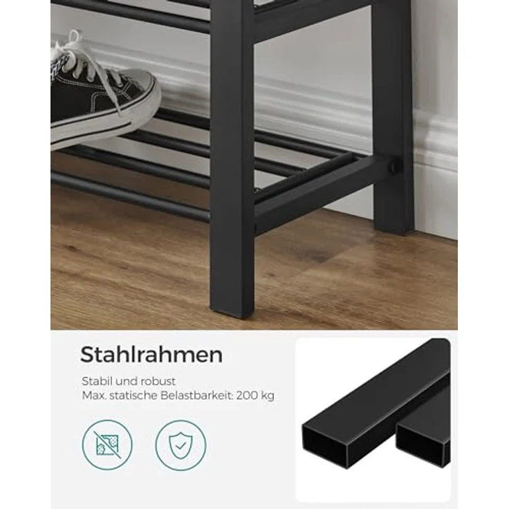 SONGMICS Schuhbank, Schuhregal mit 3 Ebenen, Schuhaufbewahrung, Sitz mit Schaumstoffpolsterung, Leinen, Metallrahmen, für Wohnzimmer Eingangsbereich, 31 x 81 x 49 cm, dunkelgrau-schwarz LBS057B01 – Bild 4