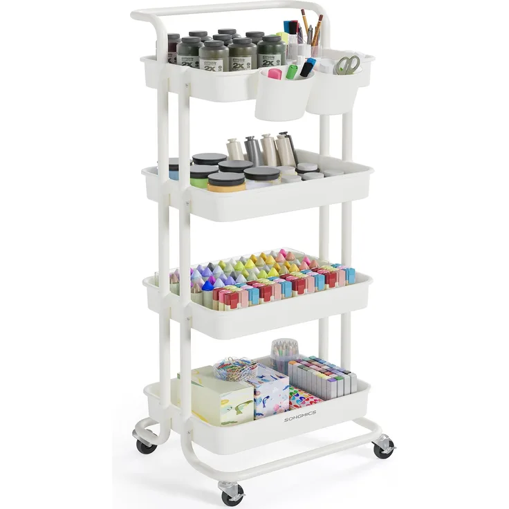 SONGMICS Rollwagen, 4 Ebenen, Servierwagen, Küchenwagen mit Griff, 2 kleine Einhängefächer, 2 Bremsen, Ablagefächer aus Kunststoff, einfacher Aufbau, Schlafzimmer, weiß BSC077WZ01