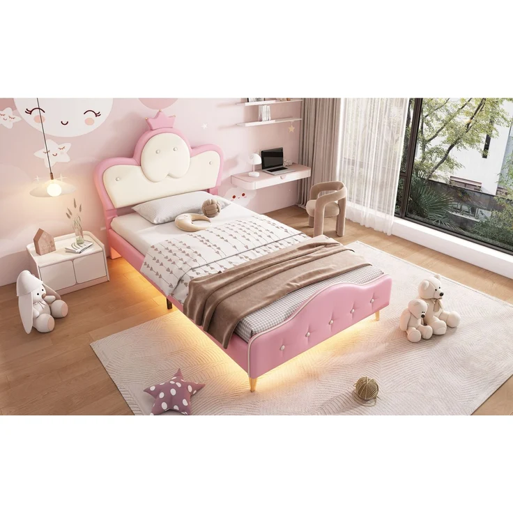Merax 90x200CM Polsterbett, Kinderbett, mit weichen Schutzkanten, Monochromer LED-Streifen, Kopfteil mit Krone, Bettfüße aus Metall, Wellenform mit Zugpunkt am Kopfende des Bettes, Einzelbett, PU, Rosa+Weiß – Bild 7