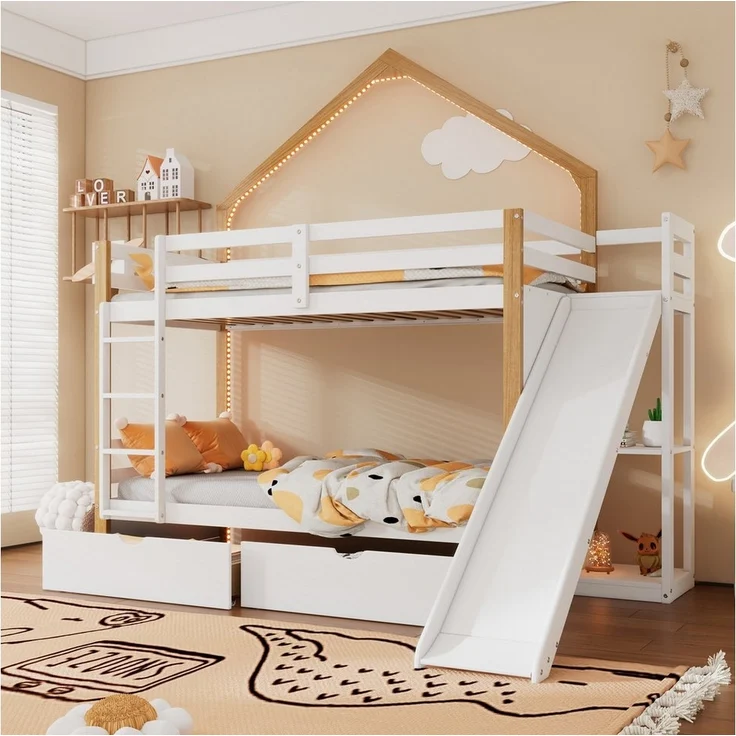 Merax Etagenbett, 90x200cm, Holz Hochbett mit Schubladen und Rutsche, Leiter und Regal – Bild 1