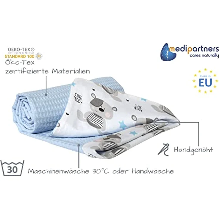 Medi Partners Babydecke Baby Decke Neugeborenen - Kuscheldecke Geschenk Babydecken 75x100 cm für Kleinkinder Mädchen Krabbeldecke Kinderbett Kinderwagen 100% Baumwolle (Teddybär mit hellblauen Waffel) – Bild 3