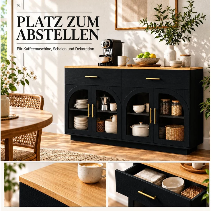 Küchensideboard 147 x 40 x 86 cm mit LED-Beleuchtung, 2 Schubladen und 4 Türen – Schwarz und Natur – Bild 8