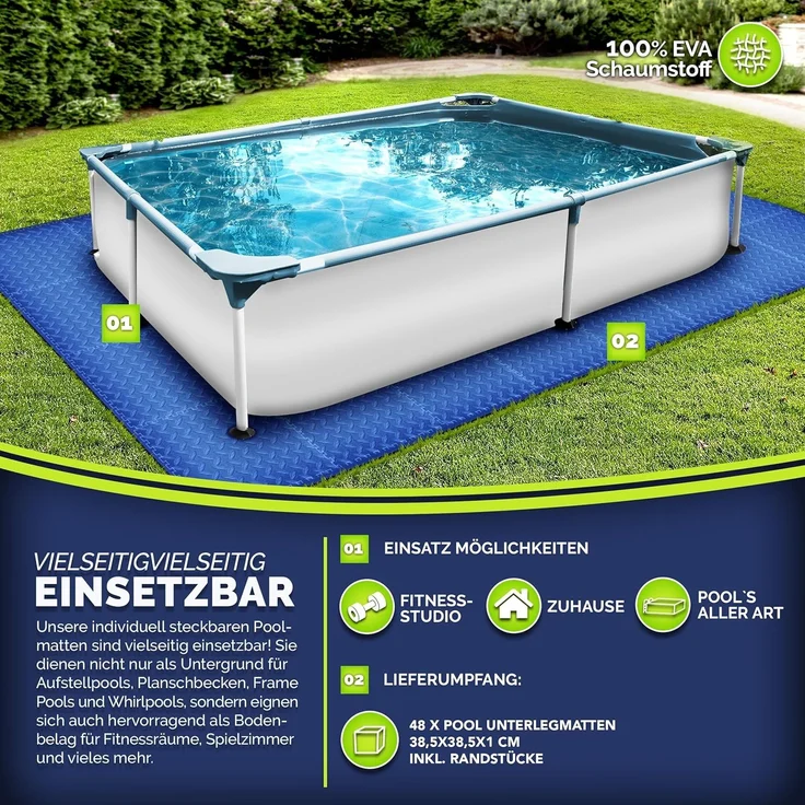 tillvex® Pool Bodenschutzmatte Blau - 48 Stück | Unterlegmatte für Pool & Planschbecken | Poolmatte Bodenmatte Outdoor | Poolunterlage Bodenschutz Matten wärmeisolierend | Whirlpool Bodenfolie weich – Bild 7